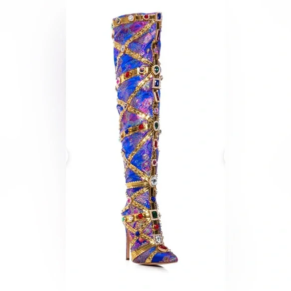 Azalea Wang brocade jeweled blue stiletto boot 7 - Picture 2 of 5